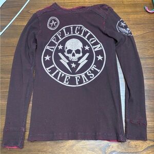 Affliction Men’s Long Sleeve Shirt Reversible - Dark Red and White